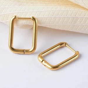 14k Gold Plated Rectangular Hoop Earrings: Minimalist Geometric Design