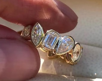 Mixed Shape Eternity Band, 14K Gold Bezel-Set Multi-Stone Moissanite Diamond Wedding Ring, Unique Stacking Gift.