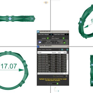 Op de afbeelding: Een groene digitale weergave van een armbandontwerp, met meerdere weergaven. Het ontwerp bevat een reeks geometrische vormen en edelstenen. De armband meet 17,07 cm. Een Gem Reporter-venster toont het gewicht van edelstenen en metalen.