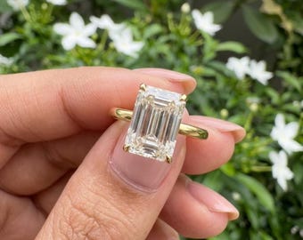 Emerald Engagement Ring, 3 Carat Moissanite in 14k Yellow Gold Setting