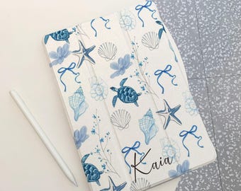 Blue Ocean Bow iPad Case for iPad Pro 12.9” 11” 2024, Air 6 5 4, Mini 6,M4 M2,iPad 10 9 8 10.9", Custom iPad Case with Apple Pencil Holder