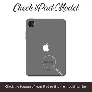 May include: A gray iPad with the Apple logo and the text "Check iPad Model". A magnifying glass highlights "Model 2589". The text "Check the bottom of your iPad to find the model number" is at the bottom.