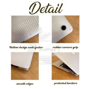 May include: A transparent laptop case with features including a hollow design for cooling, rubber corners for grip, smooth edges, and protected borders. The image includes the word "Detail" in a script font, along with the words "Hollow design cools faster", "rubber corners grip", "smooth edges", and "protected borders".
