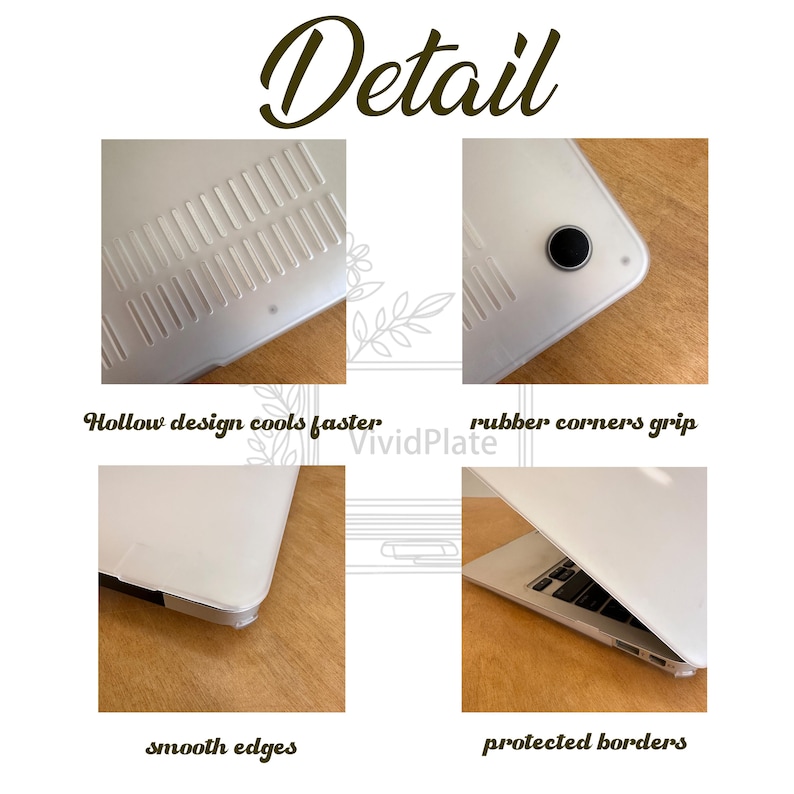 May include: A transparent laptop case with features including a hollow design for cooling, rubber corners for grip, smooth edges, and protected borders. The image includes the word "Detail" in a script font, along with the words "Hollow design cools faster", "rubber corners grip", "smooth edges", and "protected borders".