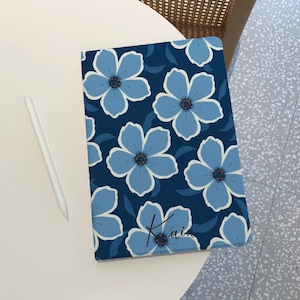 Blue Floral iPad Case for iPad Pro 12.9” 11” 2024, Air 6 5 4, Mini 6, M4 M2, iPad 10 9 8 10.9", Custom iPad Case with Apple Pencil Holder