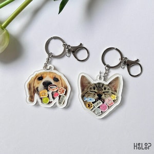 May include: Two clear acrylic keychains with silver metal hardware. One keychain features a beagle dog with the name "Buddy", and the other features a tabby cat with the name "Luna". Both keychains have small, colorful charms.