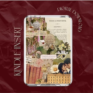 Puede incluir: Insert para Kindle con un diseño de collage inspirado en "Orgullo y Prejuicio". Presenta una tetera, libros, flores y una pareja, con texto de la novela. Las palabras "Digital Download" y "Kindle Insert" son visibles.