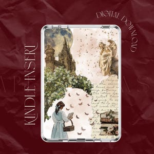 May include: A digital download for a Kindle insert featuring a collage of images including a castle, a woman reading a book, an angel, and butterflies. The background is a soft pink with gold stars.