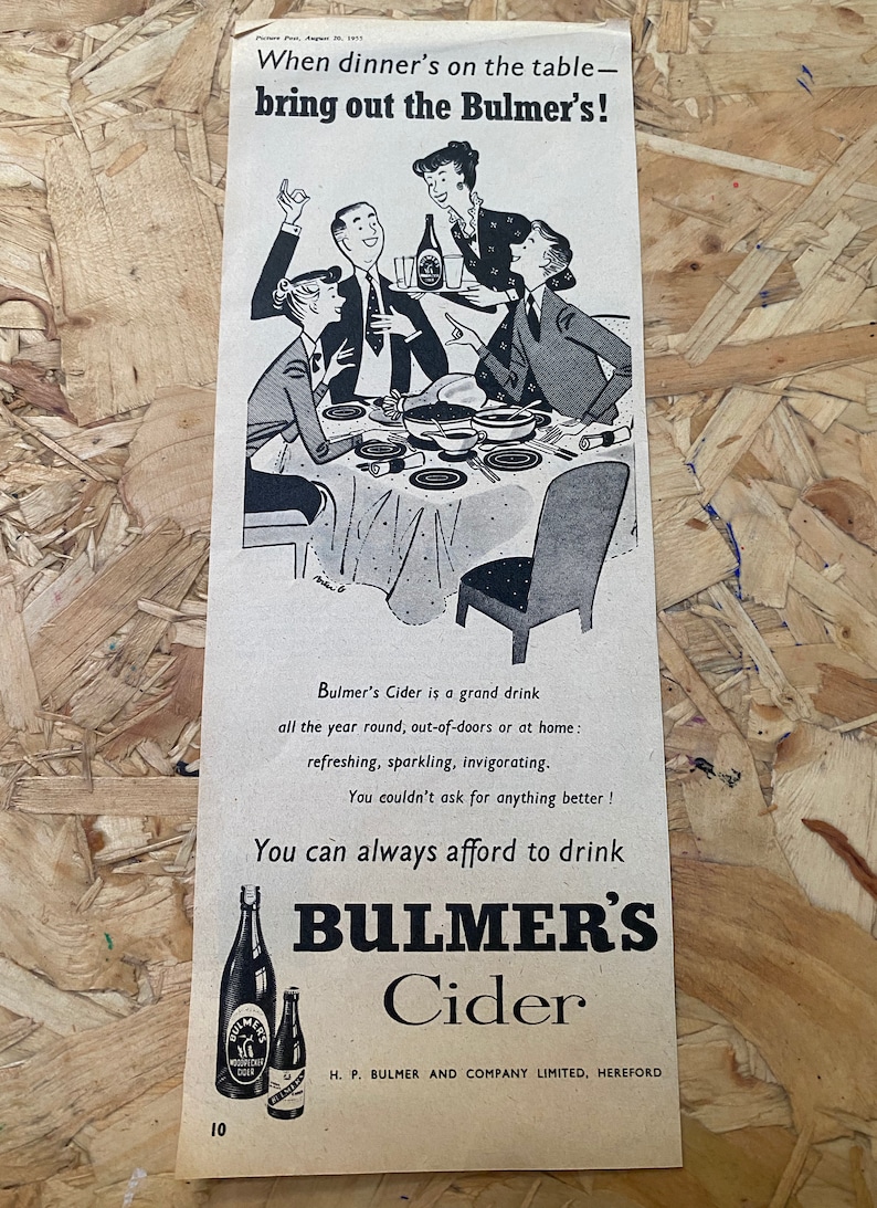Original Vintage 1950/'s Bulmer/'s Cider black and white illustrated magazine advert print