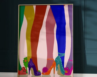 May include: A colorful illustration of five pairs of legs wearing high heels. The heels are in various colors, including green, red, purple, orange, and blue. The background is a light pink.