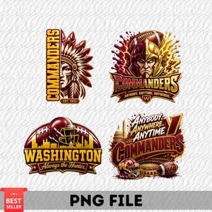 May include: A set of four digital graphic designs featuring the Washington Commanders football team. The logos include a Native American headdress, a gladiator helmet with a football, a stadium skyline with a helmet, and text reading Commanders.