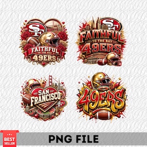 May include: Four digital graphic designs featuring San Francisco 49ers football themes. Elements include gold helmets, brown footballs, red roses, the Golden Gate Bridge, stadium imagery, and bold text reading Faithful to the Bay, 49ers, and San Francisco.