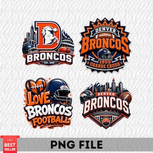 Puede incluir: Cuatro diseños gráficos que presentan al equipo de fútbol americano Denver Broncos. Los logotipos incluyen elementos como un caballo, cascos de fútbol, horizontes urbanos, montañas y textos como Denver Broncos, Orange Crush y Love Broncos Football en naranja, azul y blanco.