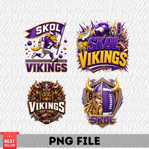 Può includere: Quattro distinte illustrazioni grafiche a tema vichingo in viola e oro. I disegni includono un giocatore in corsa con una bandiera, una figura con elmo e pallone da football, un ritratto dettagliato di un guerriero e uno scudo diviso.
