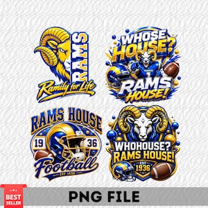 Pode incluir: Quatro designs gráficos digitais com temas de futebol americano dos Rams. Os elementos incluem uma cabeça de carneiro, um jogador, capacetes e bolas de futebol em azul e amarelo. O texto inclui Rams, Ramily for Life, Whose House e Est 1936.