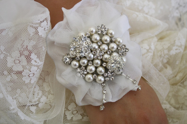 Brooch Wrist Corsage- Bridal Wrist Corsage-Wedding Bridal Jewelry- Mothers of the Bride & Groom Gift Wedding Corsage Prom Corsage image 1