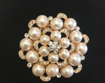 SALE Rhinestone Pearl Brooch Pin - Rhinestone Pearl Gold tone Crystal Brooch - Perfect For Bridal Bouquets - Bridal Sash-Sofia