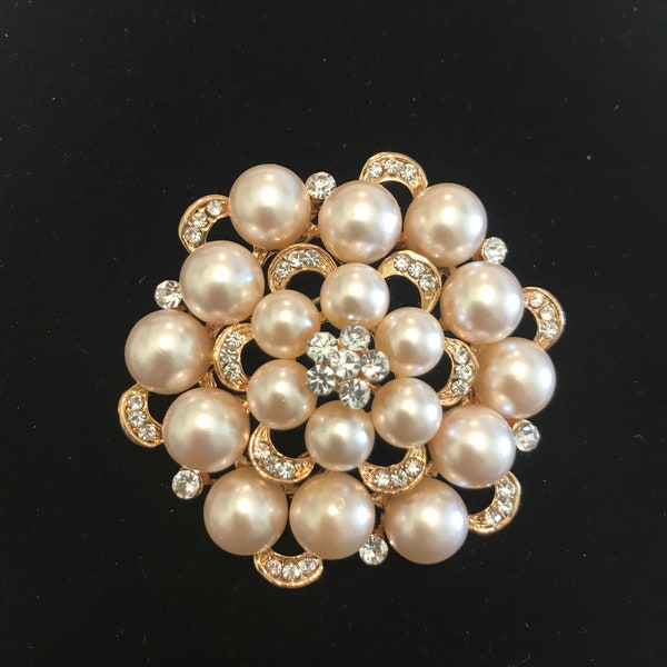 SALE Rhinestone Pearl Brooch Pin - Rhinestone Pearl Gold tone Crystal Brooch - Perfect For Bridal Bouquets - Bridal Sash-Sofia