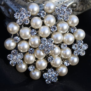 Rhinestone Pearl Brooch Pin - Rhinestone Pearl Silver tone Crystal Brooch - Perfect For Bridal Bouquets - Bridal Sash-MissLily