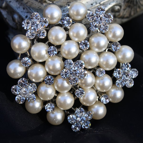 Rhinestone Pearl Brooch Pin - Rhinestone Pearl Silver tone Crystal Brooch - Perfect For Bridal Bouquets - Bridal Sash-MissLily