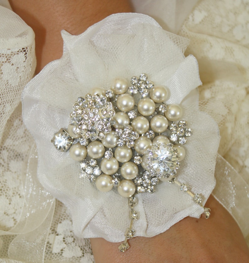 Brooch Wrist Corsage- Bridal Wrist Corsage-Wedding Bridal Jewelry- Mothers of the Bride & Groom Gift Wedding Corsage Prom Corsage image 2