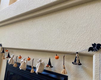 Halloween Garland – Ghost Pumpkin Bat Witch Hats Broom Mantle Banner | Farmhouse Halloween Mantel Decor | Spooky Fall Garland Handmade
