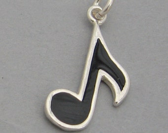 Black Enamel MUSIC NOTE Solid Sterling Silver 925 Charm Pendant 42464