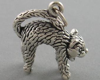 Sterling Silver 3D Halloween Hissing Scared Pet Cat Dangle Charm Bead For Bead Charm Bracelet