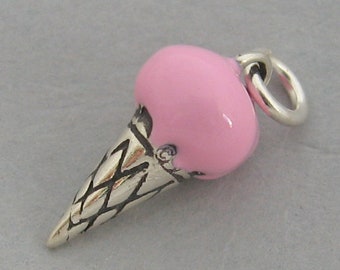 STRAWBERRY ICE CREAM Cone 3d Enamel Sterling Silver Charm Pendant 42146