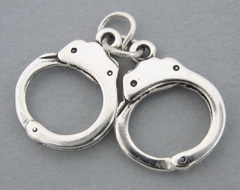 HANDCUFFS Solid Sterling Silver 925 Charm Pendant Police Policemen 2 Pieces 1117