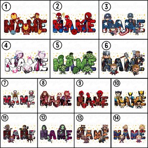 May include: A collection of 14 designs featuring the word "NAME" in a bold, colorful font, each design showcasing different Marvel characters. The designs include Iron Man, Spider-Man, Captain America, Hulk, and others.
