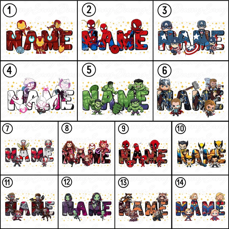 May include: A collection of 14 designs featuring the word "NAME" in a bold, colorful font, each design showcasing different Marvel characters. The designs include Iron Man, Spider-Man, Captain America, Hulk, and others.