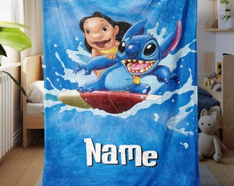 Lilo And Stitch Ocean Surf Blanket, Custom Kids Cartoon Character Blanket, Adorable Stitch Throw For Kid, Lilo And Stitch Family Gift,NVA784