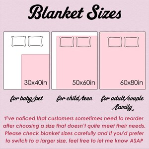 May include: Image detailing blanket sizes: 76x102 cm for baby/pet, 127x152 cm for child/teen, and 152x203 cm for adult/couple/family. Text reads "Blanket Sizes" and a message about checking sizes before ordering.