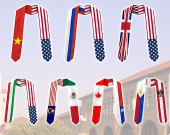 Custom Mixed Two Country Flags Grad Stole, Personalized Mix Flags Sash 2026, USA Exchange Student Graduation Stole, College Grad Keepsake