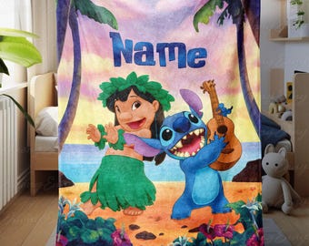 Custom Kids Blanket With Stitch And Lilo, Stitch And Lilo Hawaii Vibe Blanket, Cozy Disney Character Blanket, Disneyland Ohana Gift, NVA785