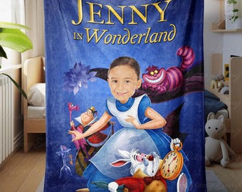 Custom Face Alice In Wonderland Blanket, Disney Alice In Wonderland Blanket, Custom Photo Name Baby Blanket, Cheshire Cat Mad Hatter Blanket