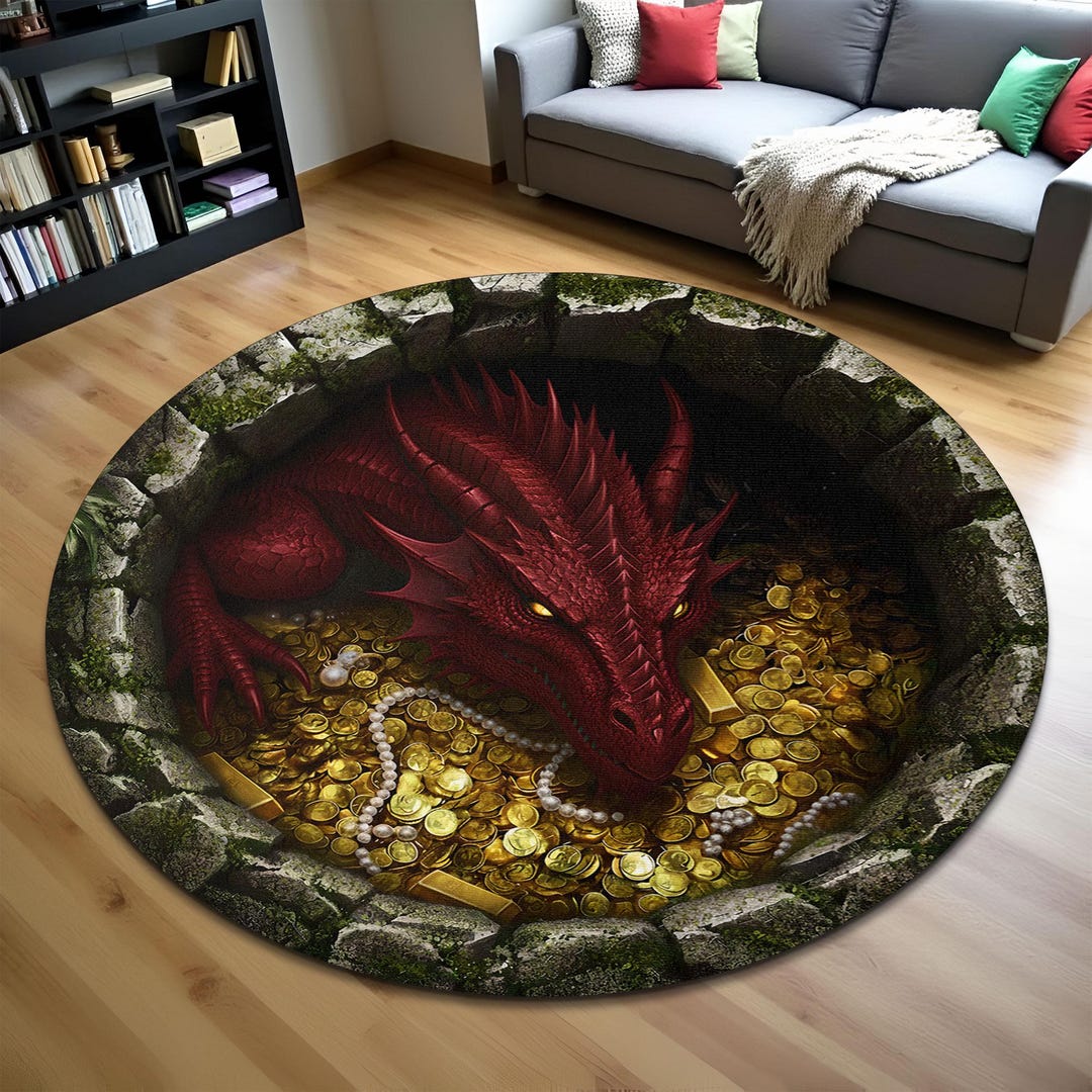 Coins Area Rug 3D Red Dragon Gold Pit Round Rug, 3D Dragon Lair Round Area Rug, Dragon ...