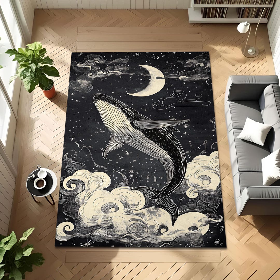 Moonlight Ocean Whale Fantasy Rug, Coastal Night Sky Whale Rug, Deep ...