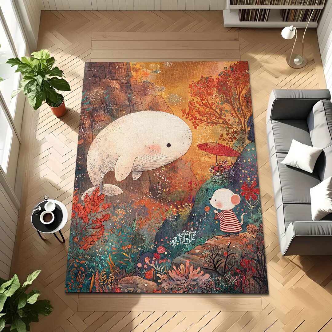 Fantasy Whale Landscape Area Rug, Cottagecore Nursery Whale Carpet ...