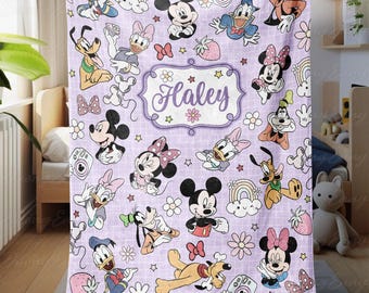 Customized Disney Blanket Baby Name, Mickey Mouse And Friends Blanket, Cute Minnie Character Blanket, Disney Movies Gift For Kids, THA316-4