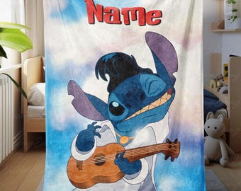 Customized Lilo And Stitch Cartoon Blanket, Cute Stitch With Guitar Blanket, Disney Stitch Baby Blanket, Birthday Gift Ideas For Kid, NVA781