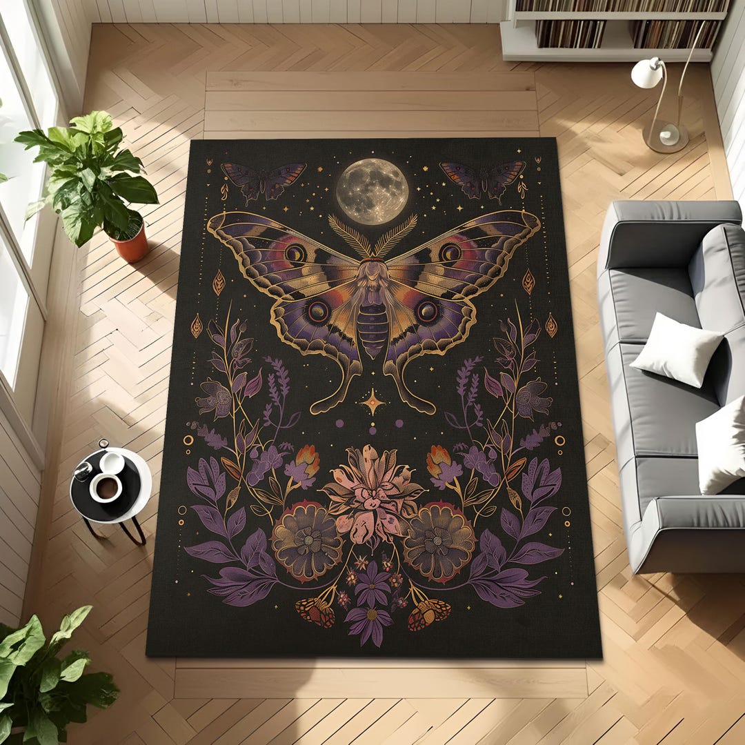 Large Moth Rug Elegant Luna Moth With Floral Accents Rug, Occult Moth Rug Gothic ...
