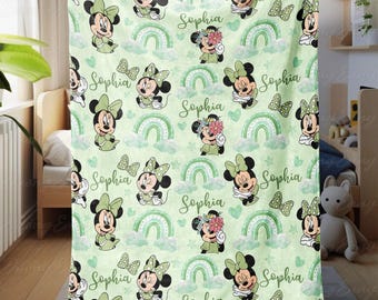 Minnie Mouse Baby Name Customized Blanket, Green Rainbow Minnie Mouse Blanket, Minnie Mouse Disneyland Blanket, Cartoon Room Decor, THA317-4