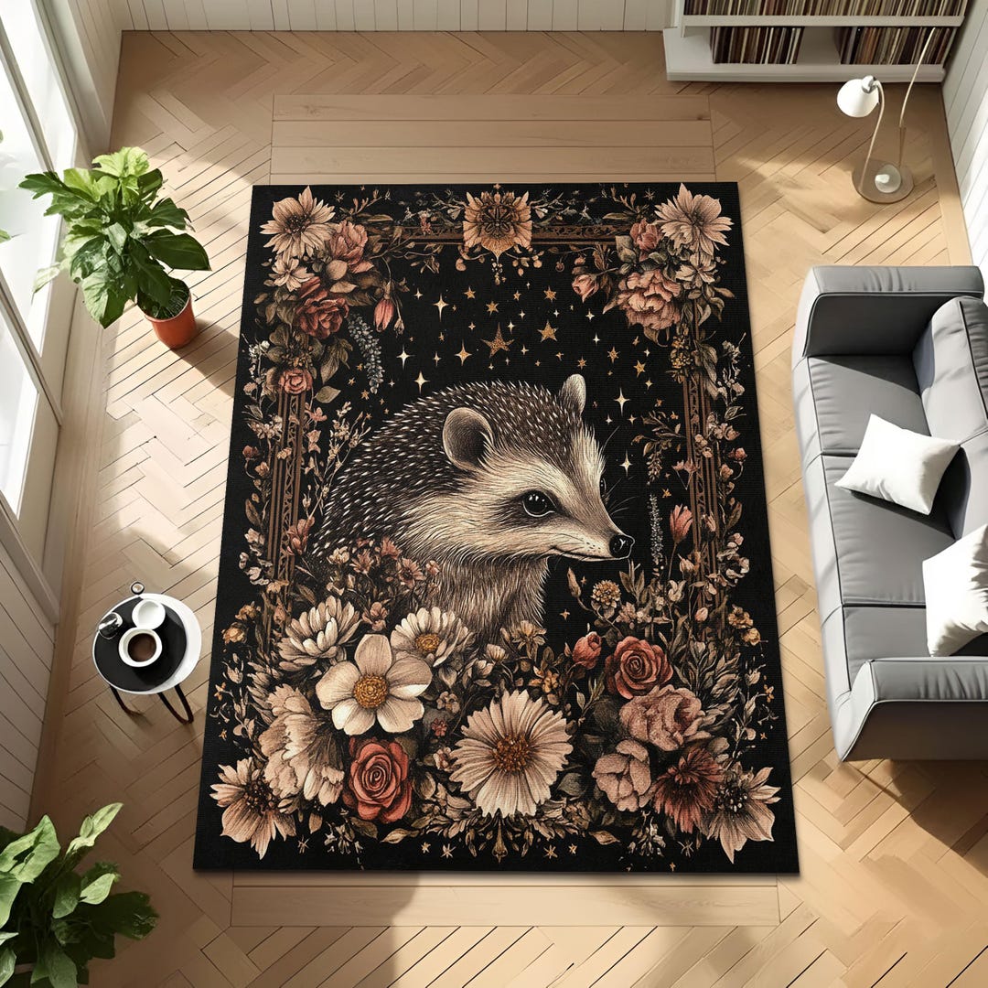 Hedgehog Rug Dark Floral Woodland Hedgehog Rug, Enchanted Hedgehog Garden Rug, Night ...