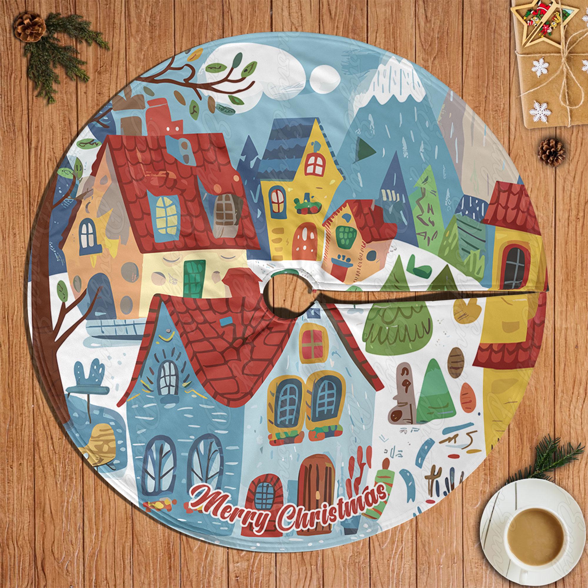 Vakantiedorp scène boomrok, gezellige kerstboom kerstboomrok, levendige winter Wonderland boomrok, unieke kerstboomrok, MYJ904 - België