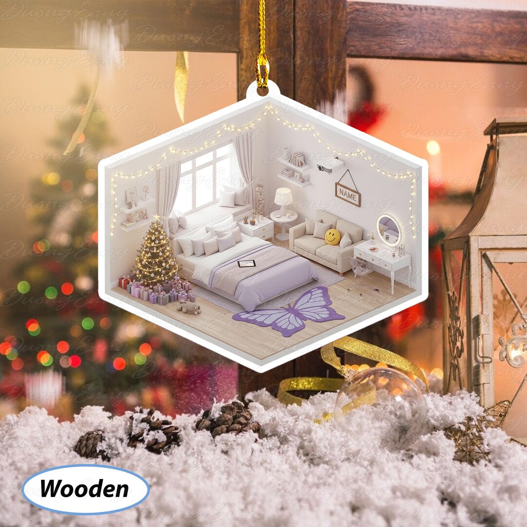 Bedroom Ornament With Fairy Lights, Custom Cozy Room Christmas Ornament ...