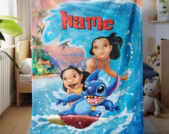 Custom Name Lilo And Stitch Blanket, Lilo And Stitch Beach Blanket, Funny Stitch Surfing Blanket, Disney Cartoon Movie Gift For Kids, NVA782