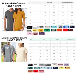 May include: Two adult t-shirts, one gray and one mustard yellow, are displayed. The image also includes a size chart with measurements in inches and centimeters, along with a color palette featuring various hues like black, white, and navy.