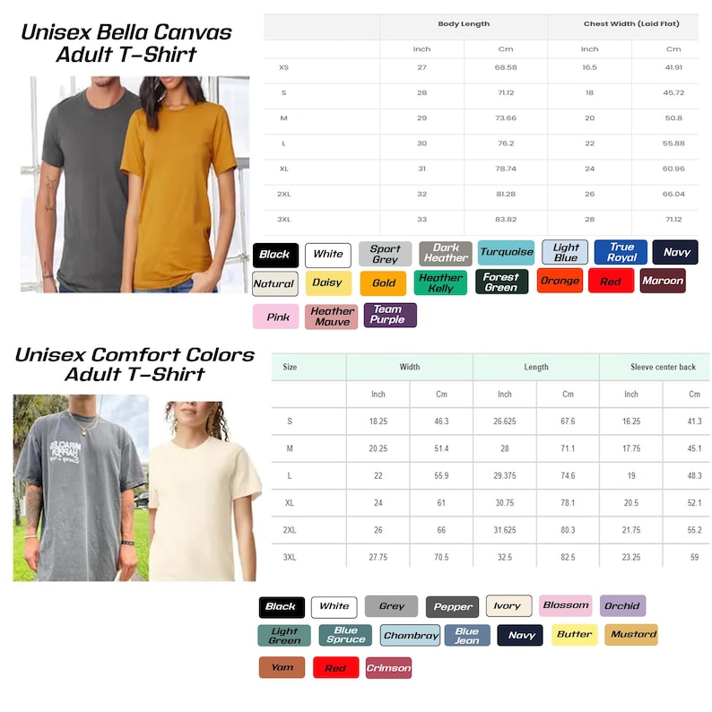 May include: Two adult t-shirts, one gray and one mustard yellow, are displayed. The image also includes a size chart with measurements in inches and centimeters, along with a color palette featuring various hues like black, white, and navy.